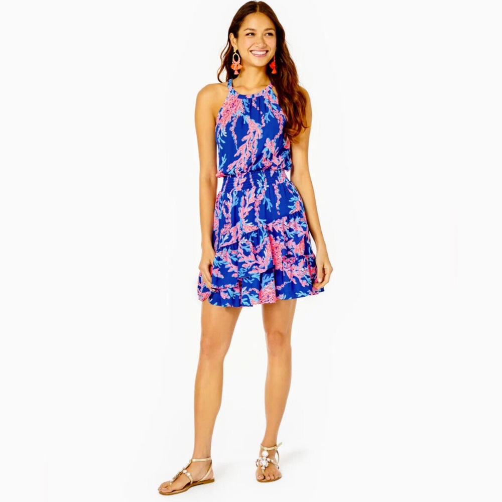 NWT Lilly Pulitzer Pamelyn Blue Pink Coral Halter Dress, Size 4